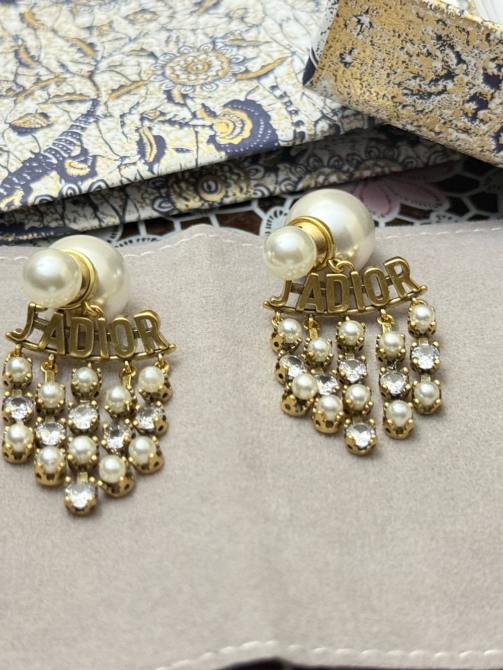 Gold-tone Pearl and Crystal Fringe Earrings - Picture 4 of 7